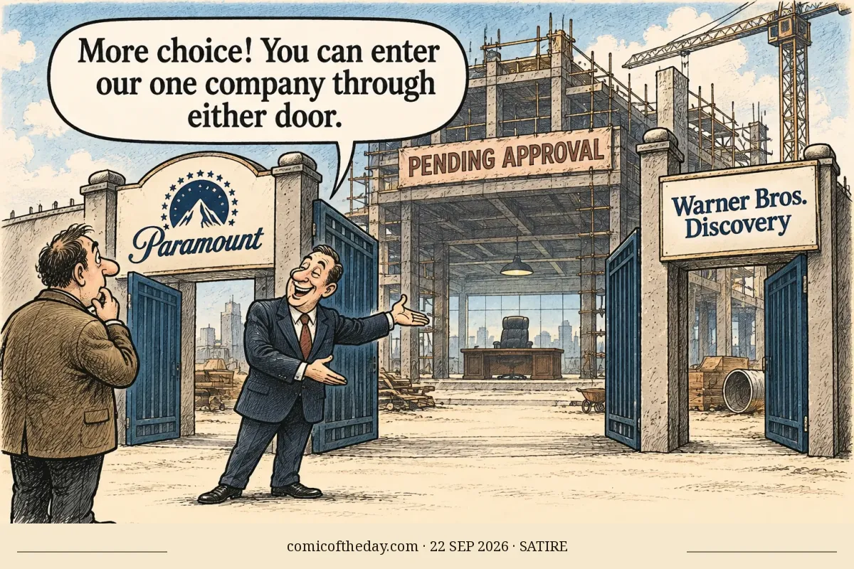 An editorial cartoon shows a smiling corporate presenter gesturing toward two open gates labeled “Paramount” and “Warner Bros. Discovery.” Both entrances lead to one unfinished building with a single executive chair inside. A sign reads “PENDING APPROVAL,” while a visitor studies the arrangement. The speech bubble says, “More choice! You can enter our one company through either door.”