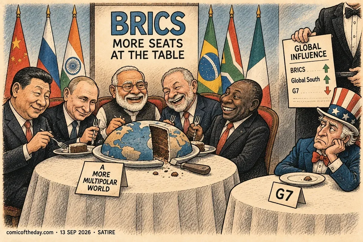Vintage editorial cartoon showing caricatured BRICS leaders sharing a globe-shaped cake beneath a BRICS sign reading MORE SEATS AT THE TABLE, while an Uncle Sam figure sits at a smaller G7 table looking unimpressed.
