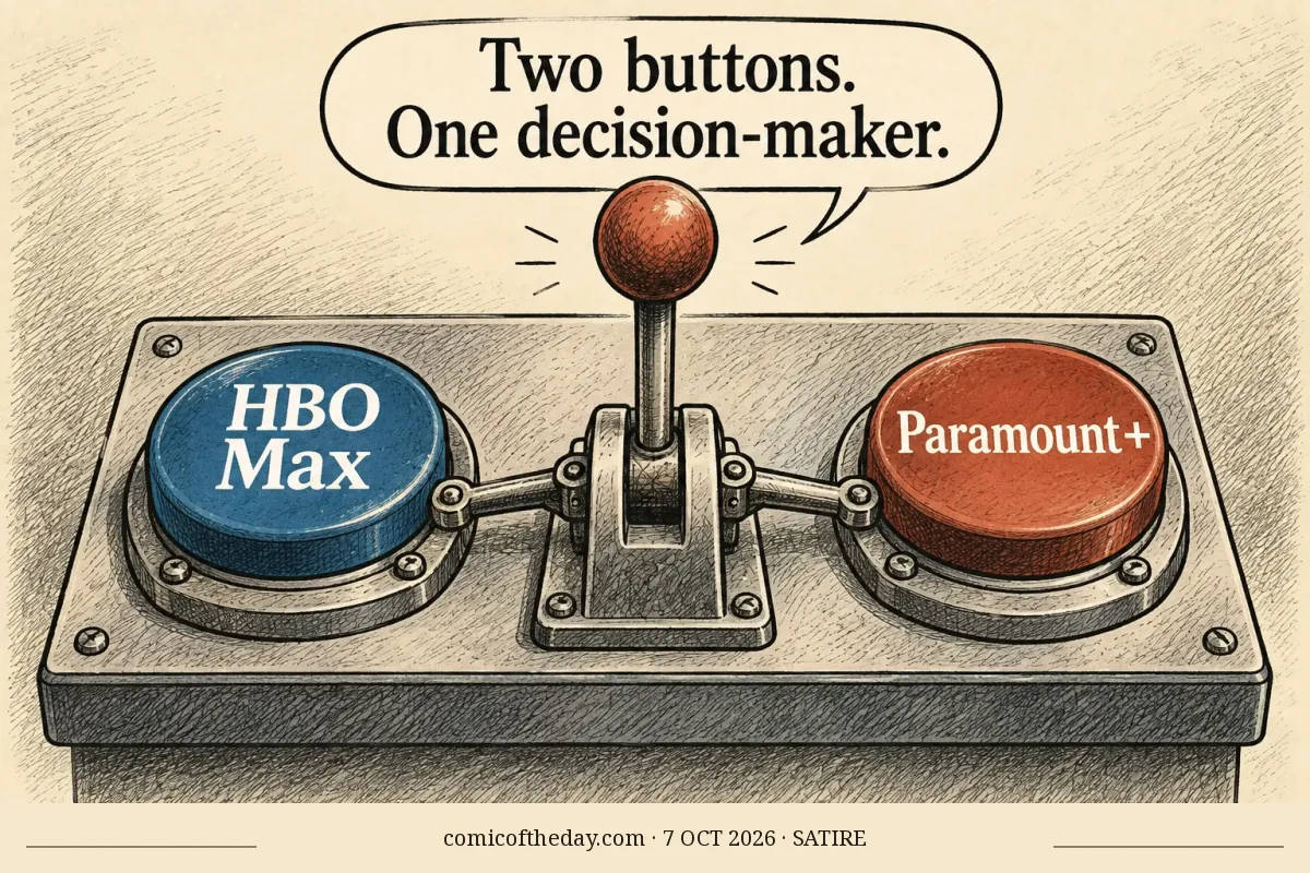 A hand-drawn editorial cartoon shows a large mechanical control panel on a pedestal. Two oversized buttons, a dusty-blue button labeled “HBO Max” and a rust-colored button labeled “Paramount+,” are linked by rods to one central lever with a red-brown handle. A speech balloon above it says, “Two buttons. One decision-maker.” The scene uses warm ivory paper, crosshatched black and brown outlines, and muted colors.