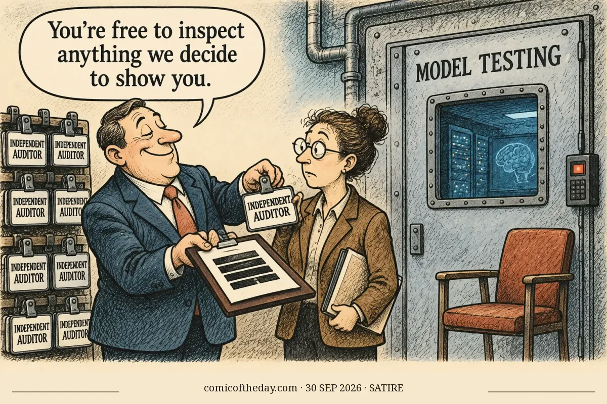 A hand-drawn editorial cartoon shows a smiling AI-company executive offering an auditor badge to a skeptical woman beside a large closed industrial door labeled “MODEL TESTING.” Several identical “INDEPENDENT AUDITOR” badges hang on a rack, while an empty inspector’s chair sits outside the door. A clipboard has its results obscured by black bars. The executive’s speech bubble says he will allow inspection of anything the company decides to show.