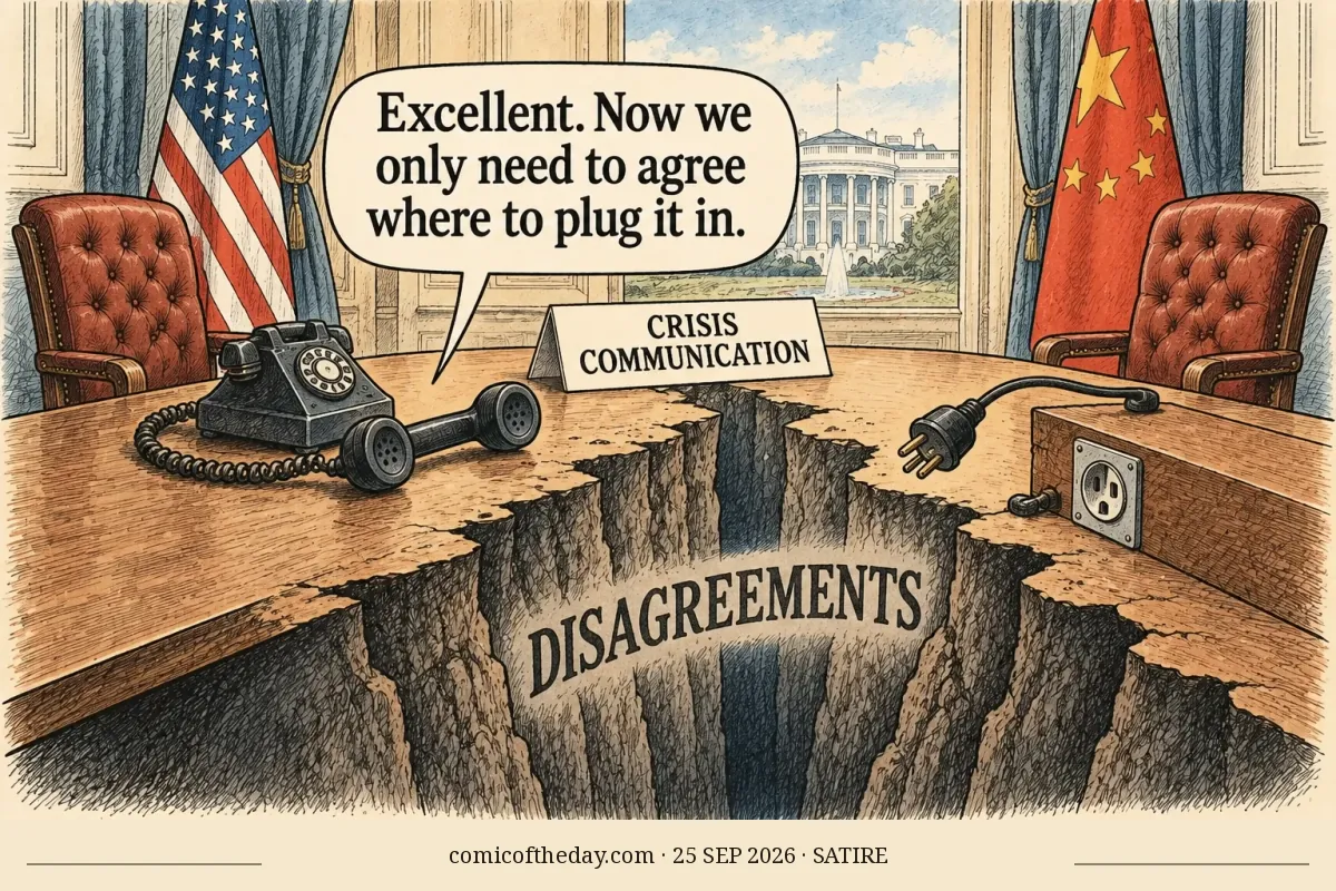 A summit table between US and Chinese flags is split by a chasm labelled “DISAGREEMENTS.” A telephone and an unplugged cord sit beside a “CRISIS COMMUNICATION” sign. Fictional dialogue reads: “Excellent. Now we only need to agree where to plug it in.”