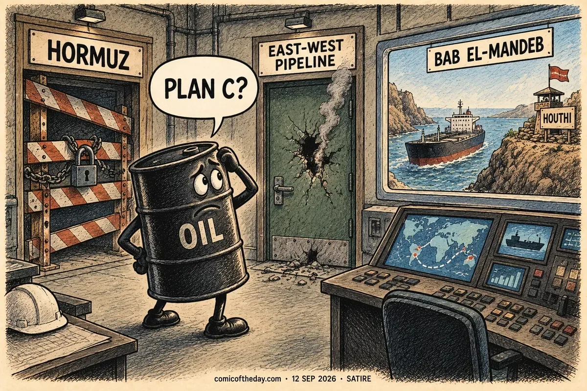 A worried anthropomorphic oil barrel stands in a control room between three routes. HORMUZ is barricaded, the EAST-WEST PIPELINE door is damaged and smoking, and a window marked BAB EL-MANDEB shows a tanker passing a HOUTHI checkpoint. The barrel asks, “PLAN C?”