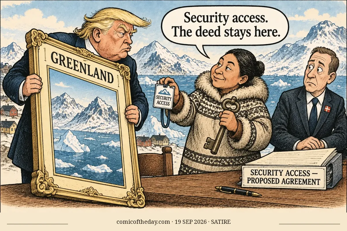 A single-panel editorial cartoon set at a desk before an Arctic Greenland landscape. Donald Trump holds a huge ornate frame labeled GREENLAND, while a Greenlandic representative holds out a SECURITY ACCESS badge and a large key. A Danish representative sits beside papers labeled SECURITY ACCESS — PROPOSED AGREEMENT. The speech balloon reads, “Security access. The deed stays here.” The cream, blue, rust, and black-hatched artwork presents the distinction between military access and sovereignty.
