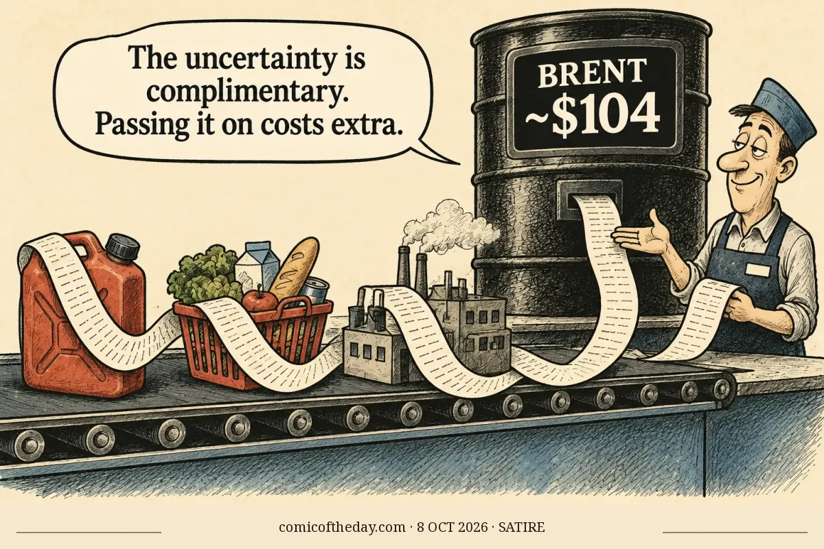 A hand-drawn editorial cartoon shows a giant oil barrel redesigned as a checkout terminal, marked “BRENT ~$104.” A conveyor carries a fuel can, grocery basket, and factory toward it while an extremely long receipt winds around them. A smirking checkout clerk holds the receipt and gestures toward the purchases. The scene uses warm ivory paper, dark crosshatched outlines, and muted blue, rust, ochre, and olive accents.