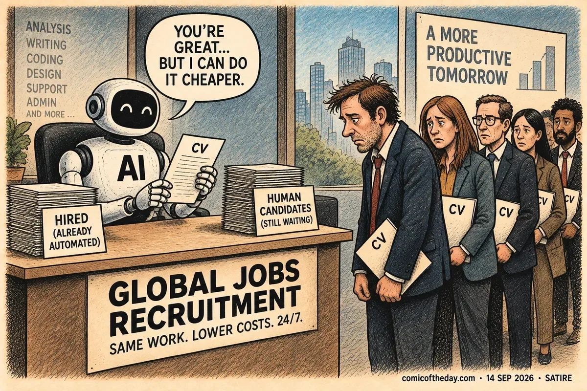 Vintage editorial cartoon of a friendly AI robot sitting behind a recruitment desk while worried human job applicants queue with CVs. The robot says, “YOU'RE GREAT... BUT I CAN DO IT CHEAPER.”
