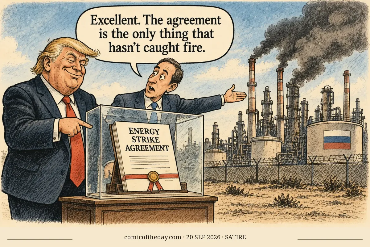 Editorial cartoon on cream paper: Donald Trump points proudly to a glass case containing a document labeled “ENERGY STRIKE AGREEMENT,” while a suited aide gestures toward a smoking oil refinery. The aide says, “Excellent. The agreement is the only thing that hasn’t caught fire.” A Russian flag is visible on a refinery tank. Credit appears along the bottom.