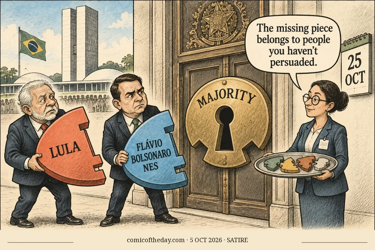 A hand-drawn editorial cartoon shows Lula and Flávio Bolsonaro outside a grand Brazilian presidential building, each carrying a large incomplete pie-shaped key toward a locked door marked “MAJORITY.” A clerk holds a tray of assorted missing pieces and says, “The missing piece belongs to people you haven’t persuaded.” A calendar shows 25 OCT, and a Brazilian flag and government buildings appear in the background.
