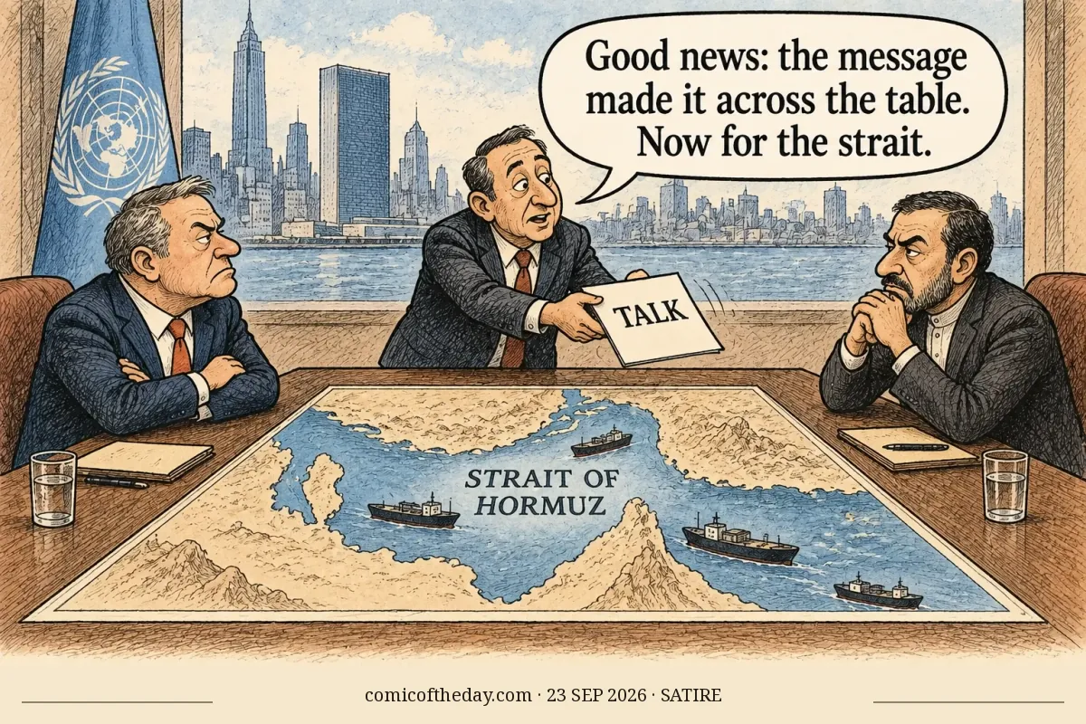 Editorial cartoon in a UN setting overlooking New York: two fictional negotiators sit at opposite ends of a table while a mediator passes a paper marked “TALK” between them. A large map labeled “STRAIT OF HORMUZ,” with ships, lies on the table. The mediator says, “Good news: the message made it across the table. Now for the strait.”
