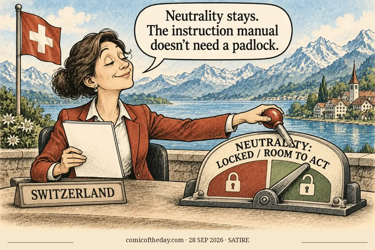 A fictional Swiss official moves a neutrality control from “LOCKED” toward “ROOM TO ACT,” beside a Swiss flag and an Alpine lake. She says: “Neutrality stays. The instruction manual doesn’t need a padlock.”