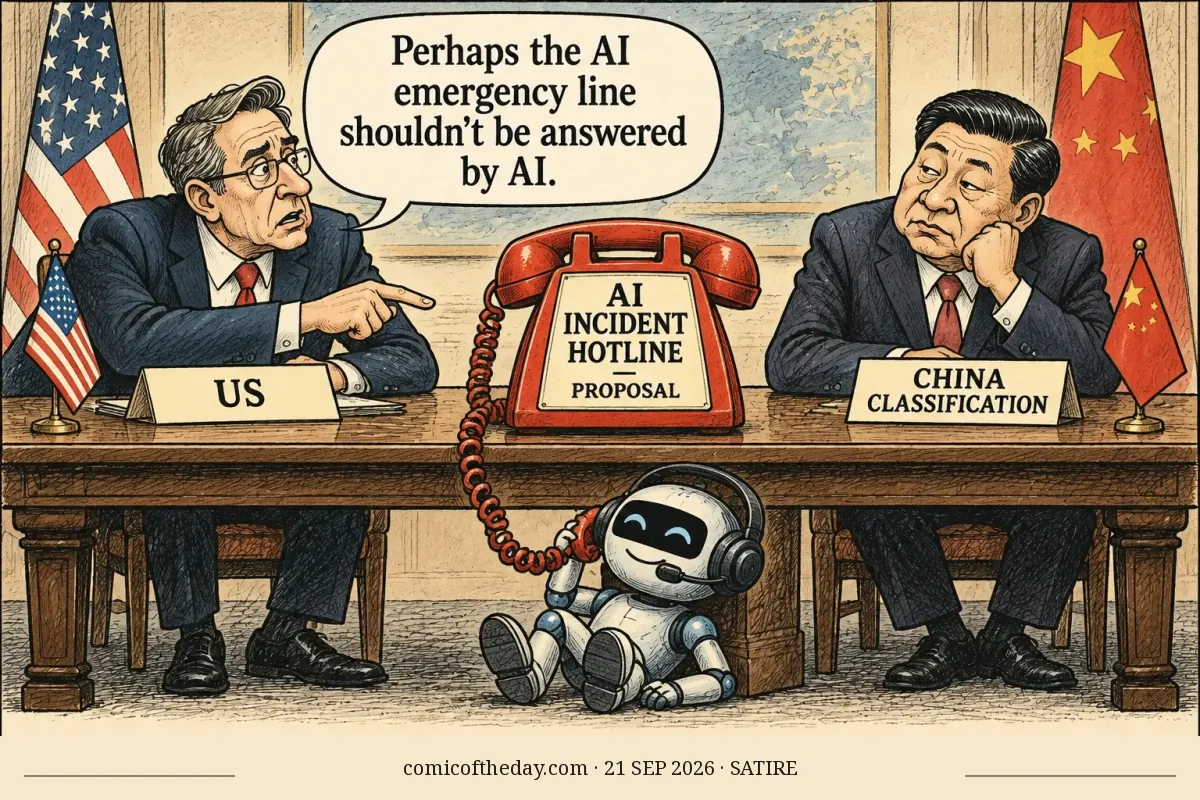 Editorial cartoon on cream paper: two negotiators sit across a conference table beneath US and Chinese flags. A red telephone labeled “AI INCIDENT HOTLINE PROPOSAL” sits between them, with its cord leading to a small headset-wearing robot under the table. The US negotiator points toward it while saying the AI emergency line perhaps should not be answered by AI. The Chinese negotiator looks skeptical. Credit appears along the bottom.