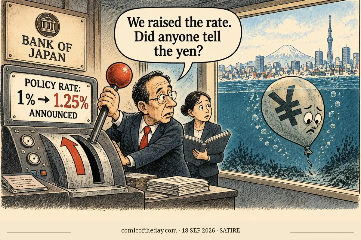 Editorial cartoon in a cream-paper, crosshatched style. Inside a Bank of Japan control room, an operator pulls a large upward lever beneath a sign reading “POLICY RATE: 1% → 1.25% ANNOUNCED.” A worried yen-symbol balloon sinks outside the window over a Japanese cityscape, while an assistant reads a manual. A speech bubble asks, “We raised the rate. Did anyone tell the yen?”