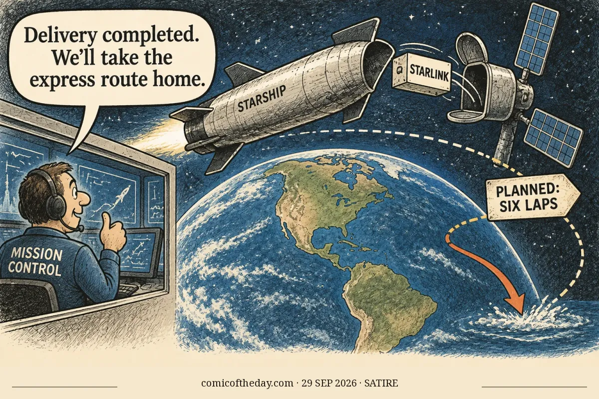 A cartoon Starship flies above Earth and delivers a box labelled STARLINK to a satellite. A mission controller says, ‘Delivery completed. We’ll take the express route home.’ A sign marks the planned six laps, while an orange arrow turns toward an ocean splash. The scene uses a delivery route to joke about the shortened test flight.