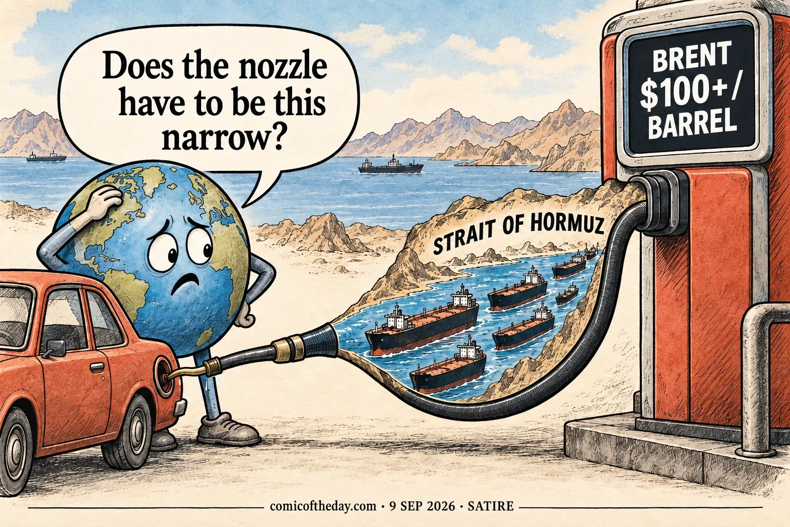 A worried personified globe fills a small car at a petrol pump. The hose narrows into a funnel labelled STRAIT OF HORMUZ containing tiny oil tankers, while the pump display reads BRENT $100+ / BARREL.